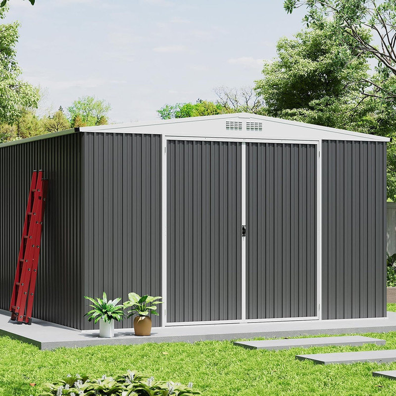 8x7 FT Galvanized Steel Storage Shed with Lockable Doors & Air Vent, Weatherproof Outdoor Tool Shed, Gray