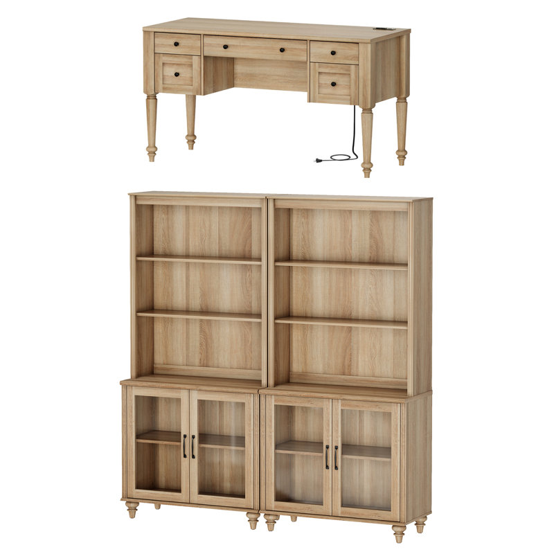 Ensemble de bureau 2 pièces, bureau de direction de 56 po et ensemble de 2 bibliothèques avec portes en verre, Chêne