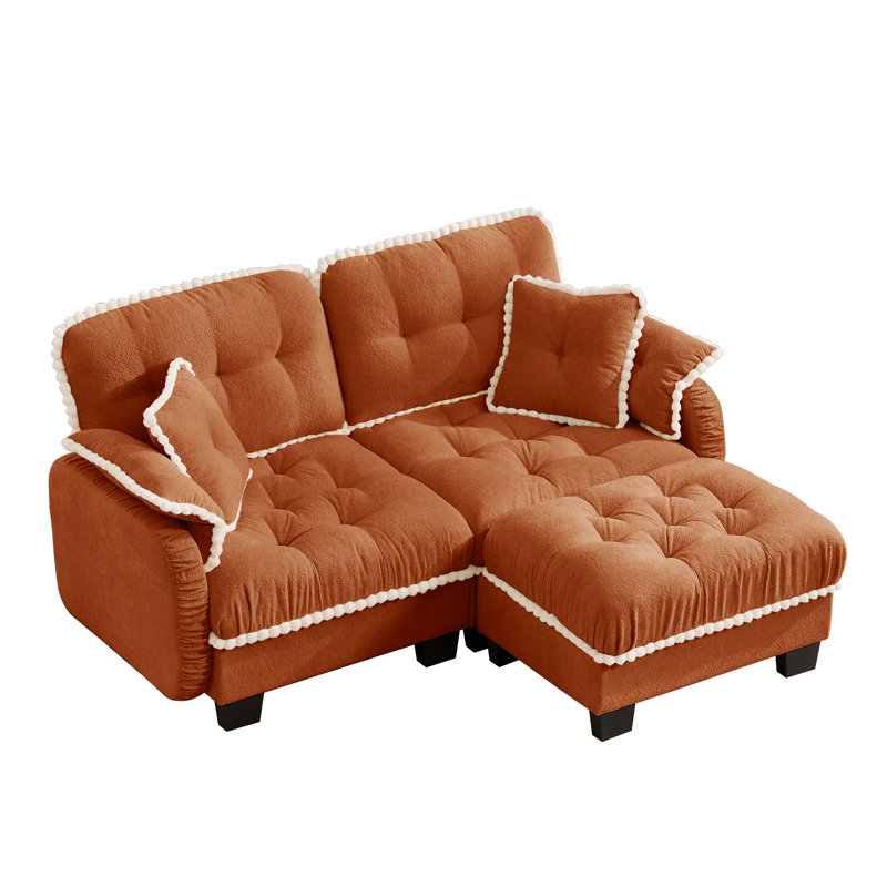 Canapé en L en forme de L avec siège profond, causeuse modulaire en chenille avec repose-pieds à pompons et garniture capitonnée pour petits espaces de salon, orange