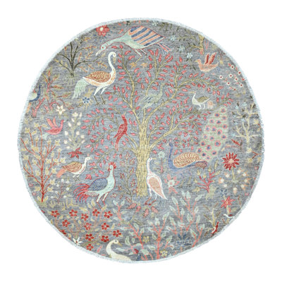 Tapis oriental rond 5 pi 8 po x 5 pi 8 po gris Peshawar avec des oiseaux du paradis, noué à la main, 100% laine douce, colorants végétaux, tapis oriental