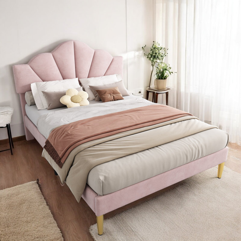 Aarna Velvet Upholstered Bed, Double (140 x 195 xm), Pink
