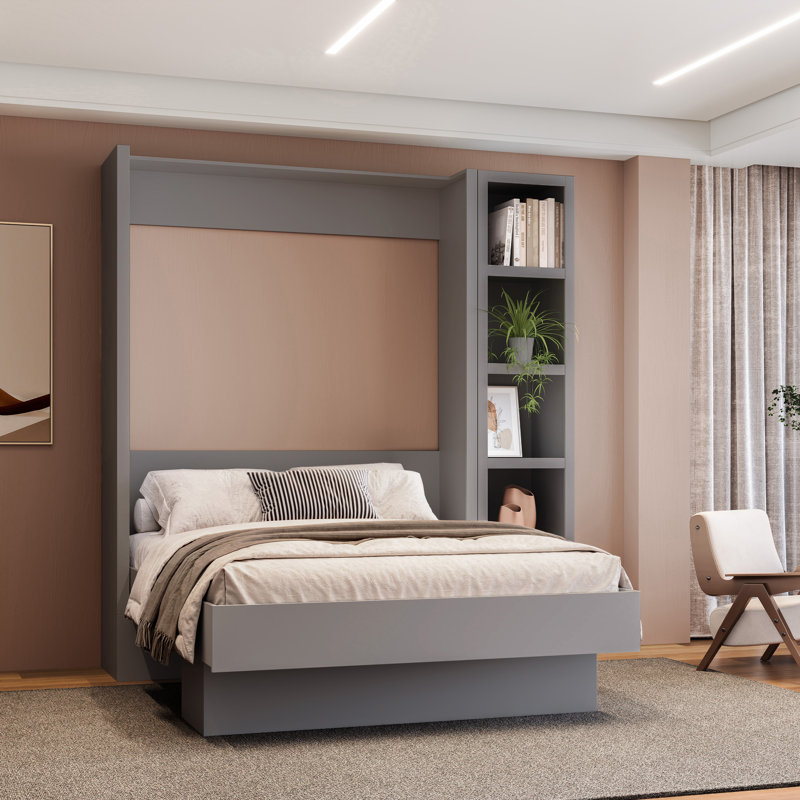 Easy-Lift Murphy Wall Bed with Bookshelf, Gray, Full/Double