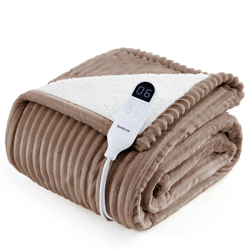 Couverture électrique chauffante en flanelle nervurée avec 6 niveaux de chaleur, chauffage avec 10 réglages de temps, arrêt automatique de la minuterie de 8 heures, GentleSoft ™
