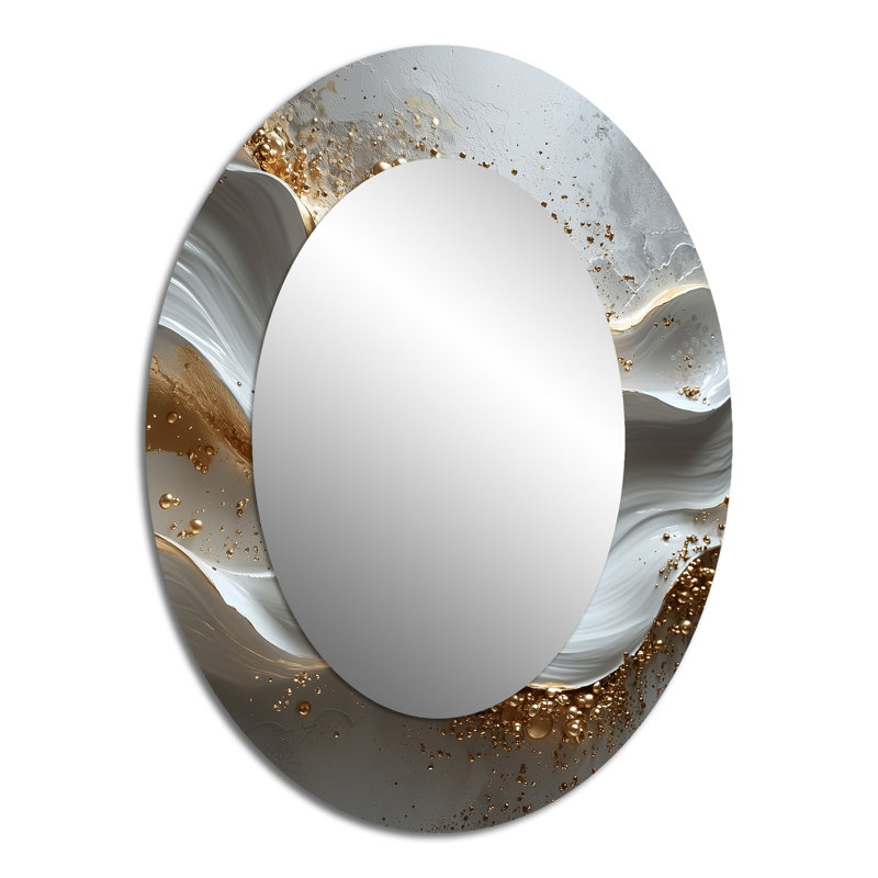 Grey And Gold Abstract Marble II - Gold Modern Oval Wall Mirror, 40" x 30"