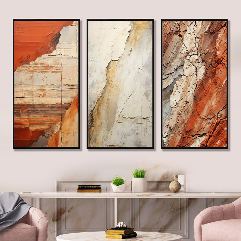 Earth Minimalist Fossils I - Abstract Collages, ensemble de 3 impressions sur toile, Cadre flottant noir, H 28 po x l 36 po