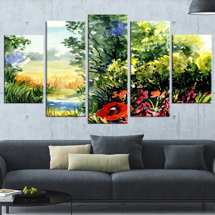 DesignArt Watercolor Landscape With Flowers On Canvas 5 Pieces Print ...
