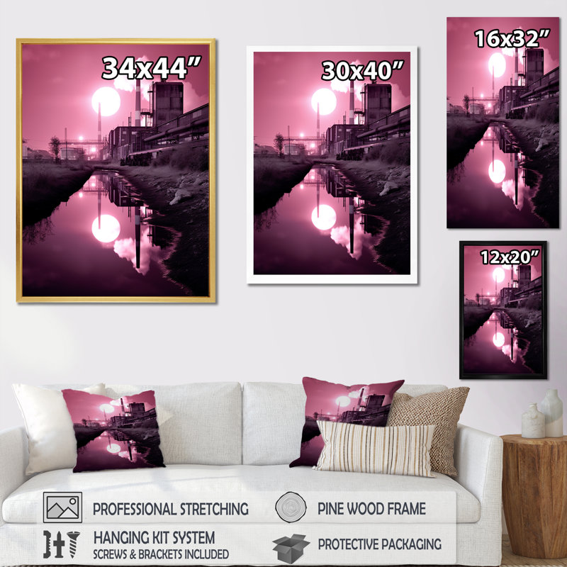 «Pink Industrail Landscape Moon», reproduction sur toile, Toile tendue, H 32 po x l 24 po x P 1 po