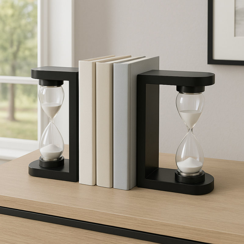 Decorative Hourglass Sand Timer Bookends - Modern Book Ends for Home, Bookshelf, or Desk Decor - Set of 2, 10", Black