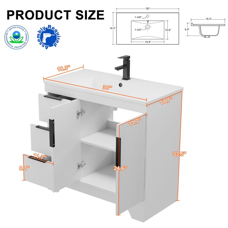 Ensemble de meuble-lavabo moderne simple 36 "avec comptoir en résine Skeen, robinet, assemblage requis, Blanc, 36"