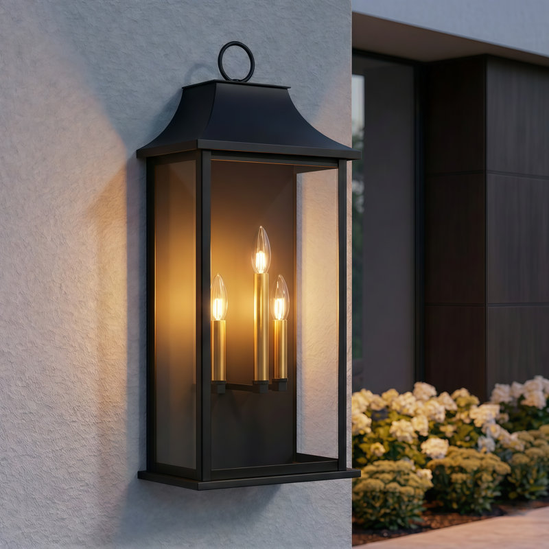 3 - Light 25''H Black and Gold Iron ETL Outdoor Wall Light with Dusk to Dawn and Tempered Glass, Matte Black/Gold