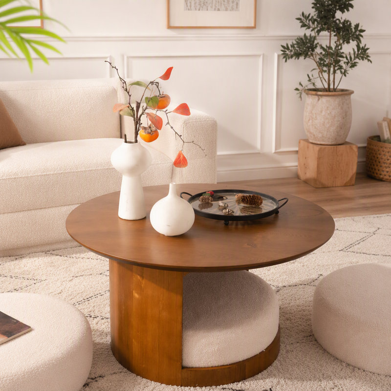 Table basse ronde en bois 31,5 "avec 3 tabourets gigognes en tissu Teddy, ensemble de table centrale multifonctionnel avec rangement caché Farmhouse