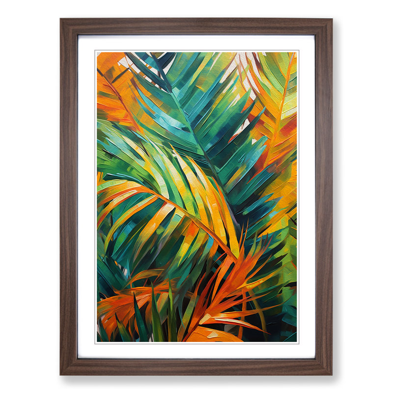 Palm Leaf Action Painting 1 Piece Single Picture Frame Wall Art, 34cm H x 25cm W x 2cm D, Walnut Framed