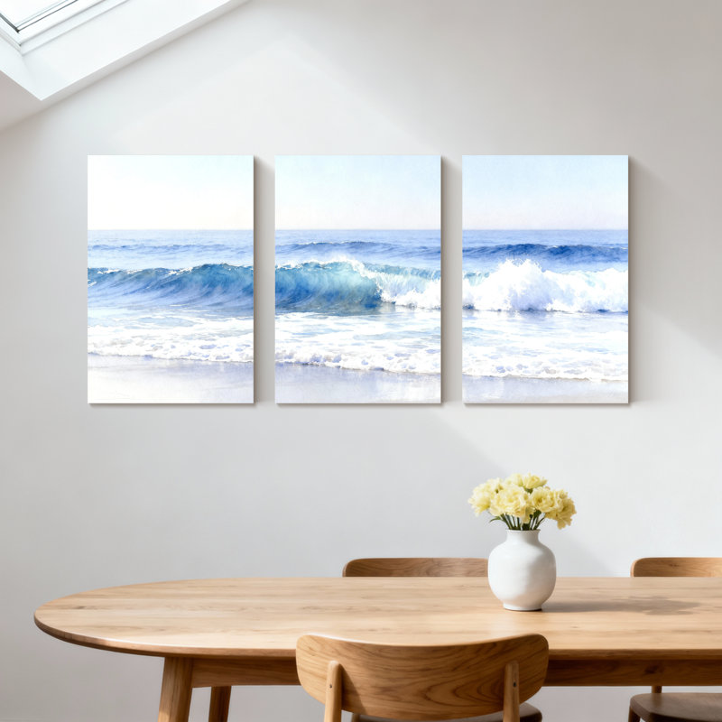 Ensemble de 3 impressions d'art sur toile, "Winter Waves Crashing On Sandy Shore", H 30 po x l 60 po
