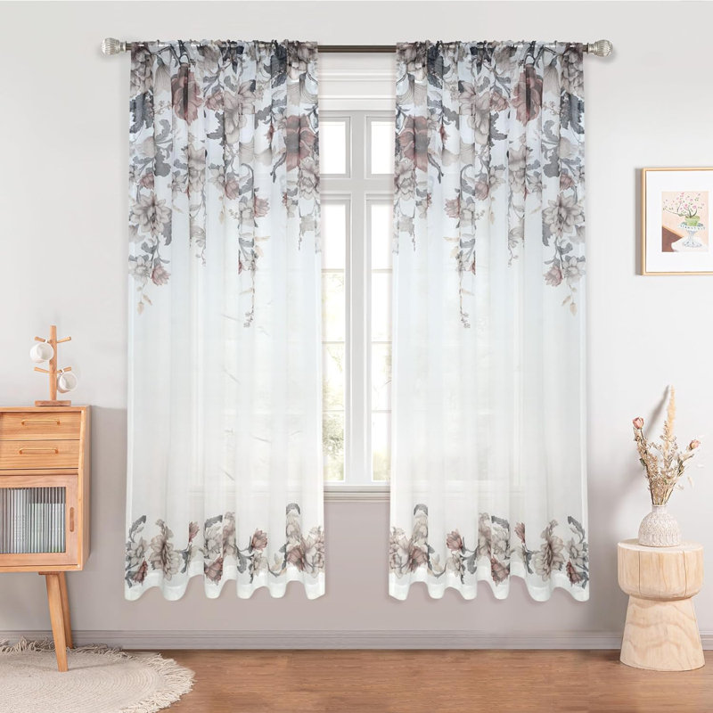 Rezki Floral Sheer Curtain Pair, 52" W x 63" L