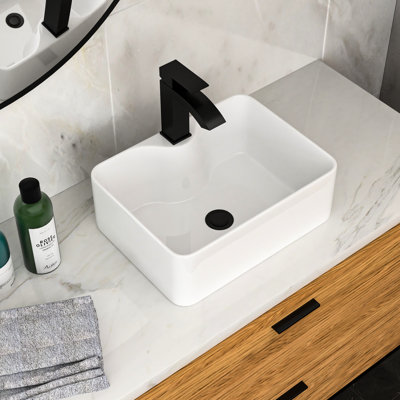 Rectangular White Ceramic Bathroom Vessel Sink 16X12 Inches With Black Faucet & Drain - Contemporary Classic, High Temperature Fired, Stain , Office Building 16"X12" Sleek Design, Ceramic, Indoor Use