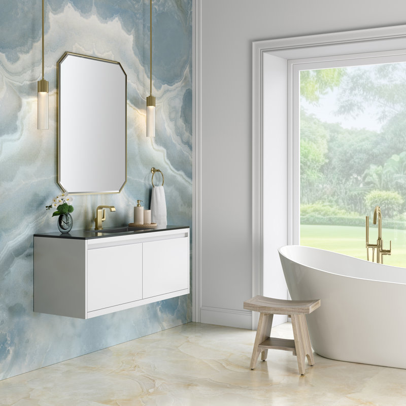 Mantova 47.25'' W Single Vanity, Glossy White/Champagne Brass, Charcoal Black