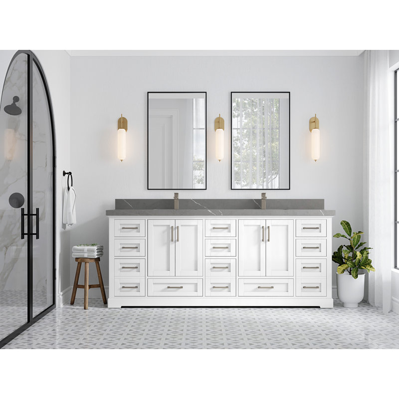 Eser 84'' Double Bathroom Vanity with Top, White, Piatra Gray Quartz