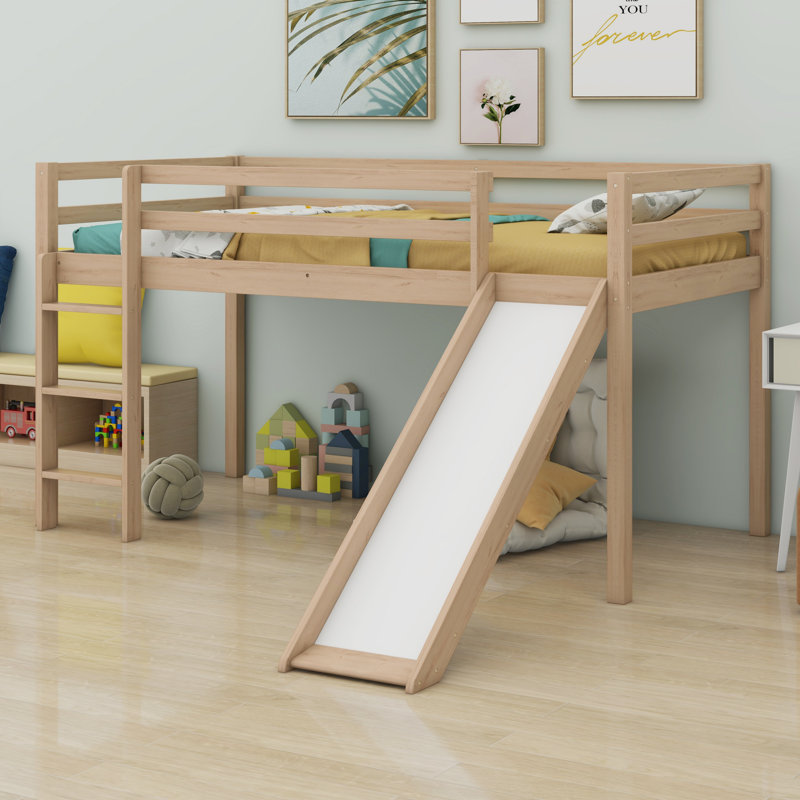 Lit simple mezzanine bas avec glissade, échelle, barrières de sécurité, Chêne blanc