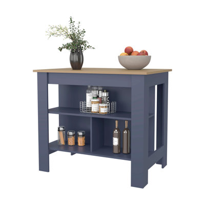 Kronos Ash And Kronos Blue Kitchen Island With Open Shelf