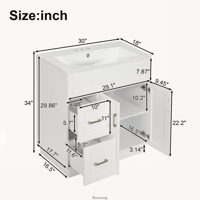 Meuble-lavabo de 30 pouces avec 2 portes, 2 tiroirs, tablette réglable et glissières cachées