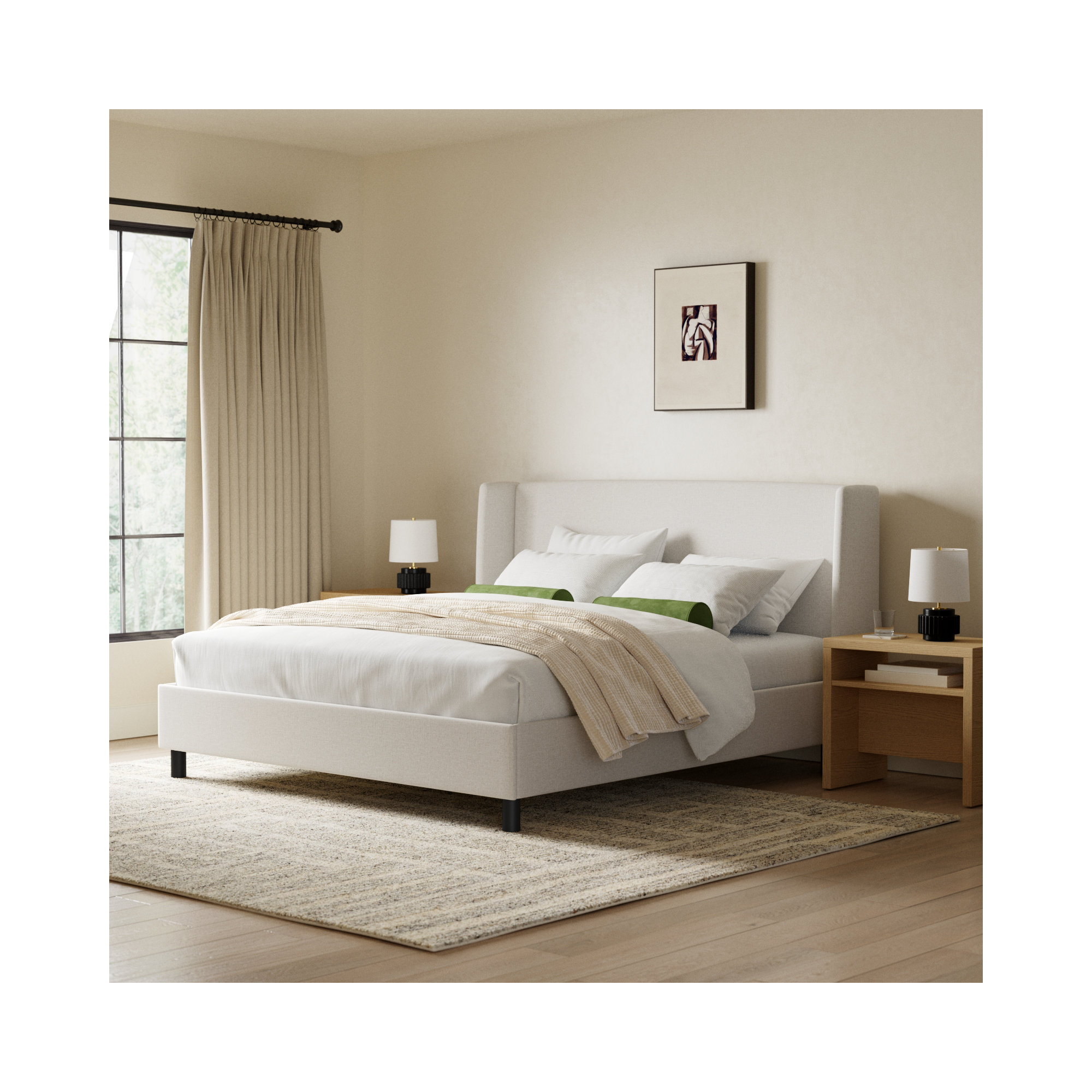 Tilly Upholstered Low Profile Platform Bed, Zuma White Textured Linen, King