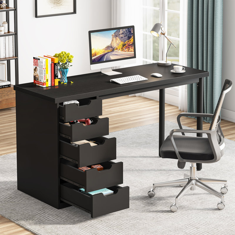 Bureau d'ordinateur à 5 tiroirs Briget, écriture, habillage moderne, Noir