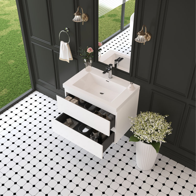 Meuble-lavabo flottant de 30 po, conception minimaliste moderne, surface solide, blanc brillant, tiroirs à fermeture en douceur pour un fouillis - et fonctionnel