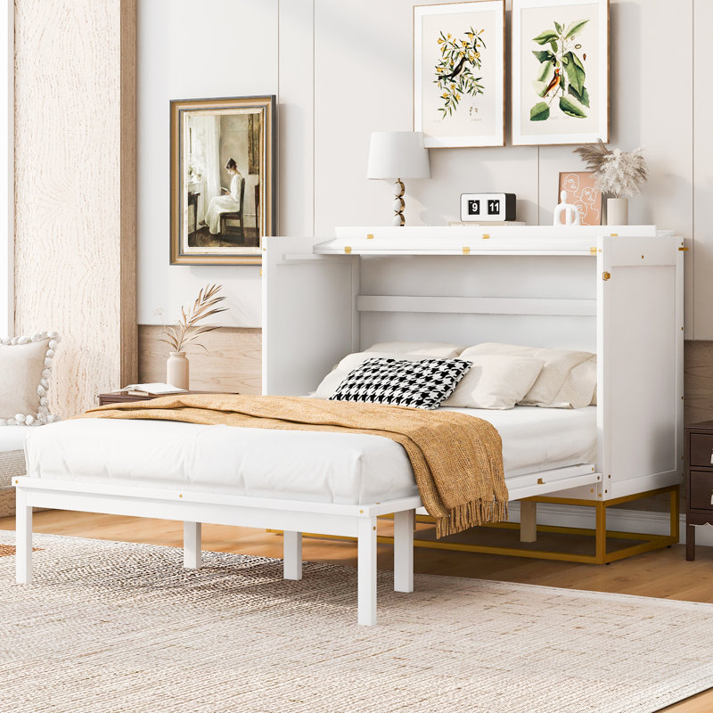 Grand lit escamotable, meuble-lit style Shaker avec pieds en métal, peu encombrant, design moderne, blanc, White