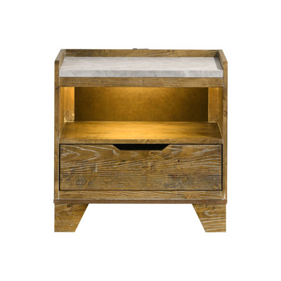 Table de chevet en chêne moyen avec intégration à DEL, structure en bois d'hévéa massif, finition en faux marbre, ports de chargement arrière, glissières de tiroir en métal, éclairage ouvert, finition de pièce de chambre à coucher à DEL intégrée, base,