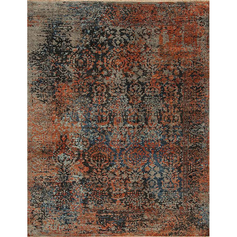 Shangri-La Hand Knotted Wool Area Rug in Blue/Coral/Silver/Black, Rectangle 10' x 14'