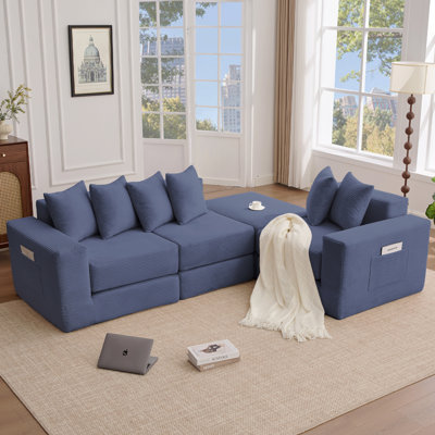 10-In-1 Convertible Sofa Sectional ,Corner Couch , Convertible Floor Sleeper Sofa,Corduroy,Side Pocket,Diy,L Shaped Modular Sofa,6 Pillows