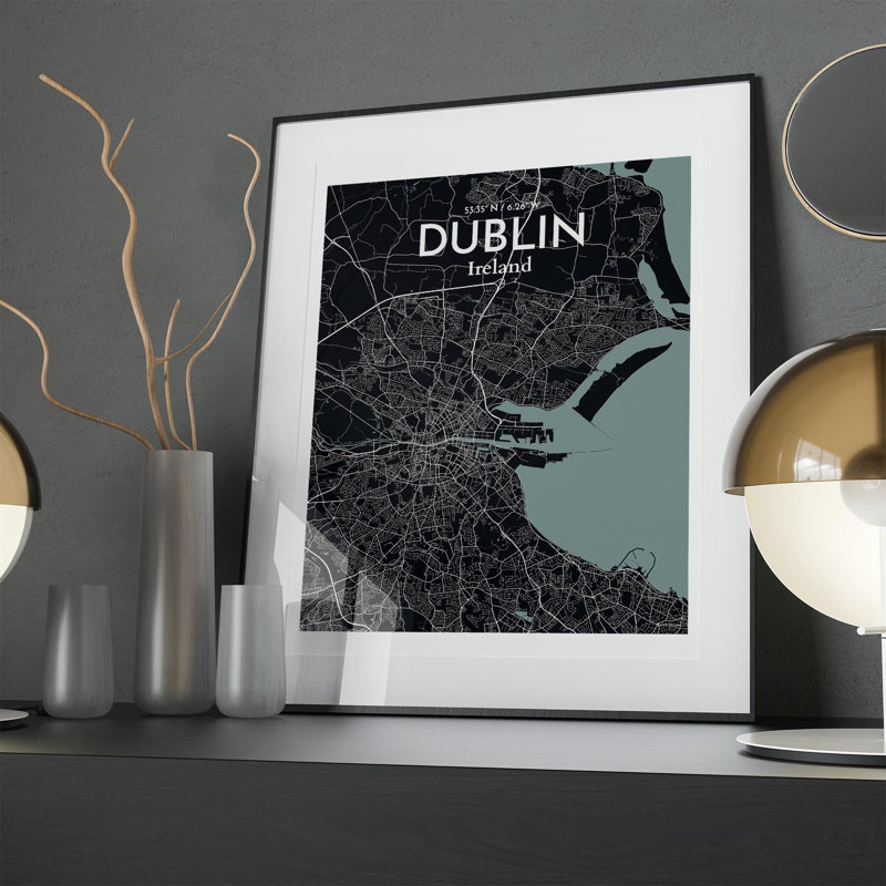 «Dublin City Map», impression de luxe, H 20 po x l 16 po, Gris / noir