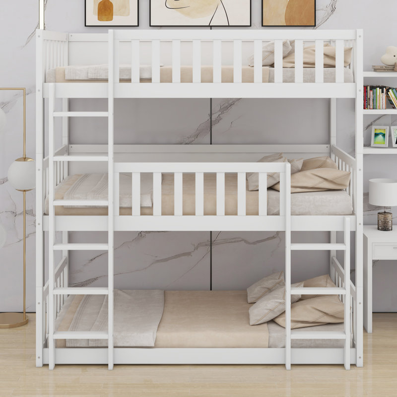 Triple Wood Bunk Bed, With Ladders, Guardrails, White