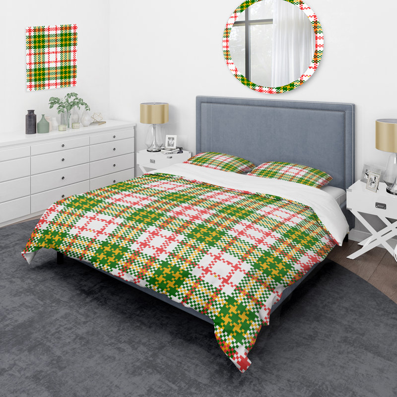 Tartan à carreaux blanc et vert - Ensemble de housse de couette abstrait - Microfibre de polyester