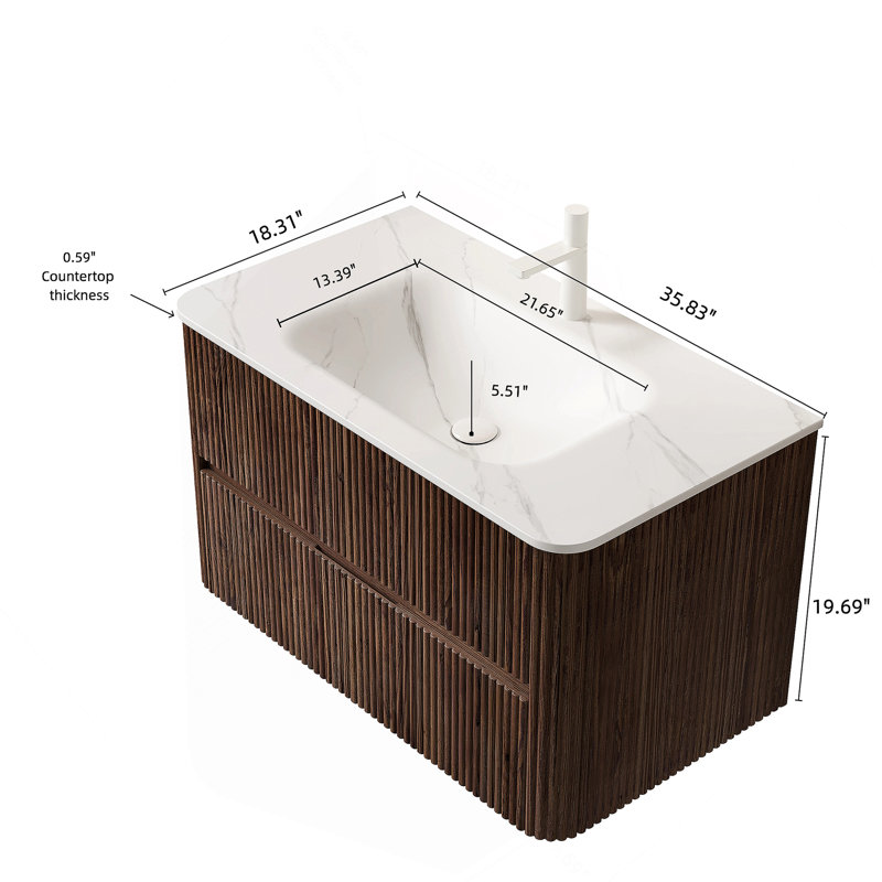 Meuble-lavabo de salle de bain avec lavabo, armoire de rangement flottante avec tiroirs, bassin en pierre frittée, pré-assemblé, idéal pour les salles de bain hygiéniques et spacieuses
