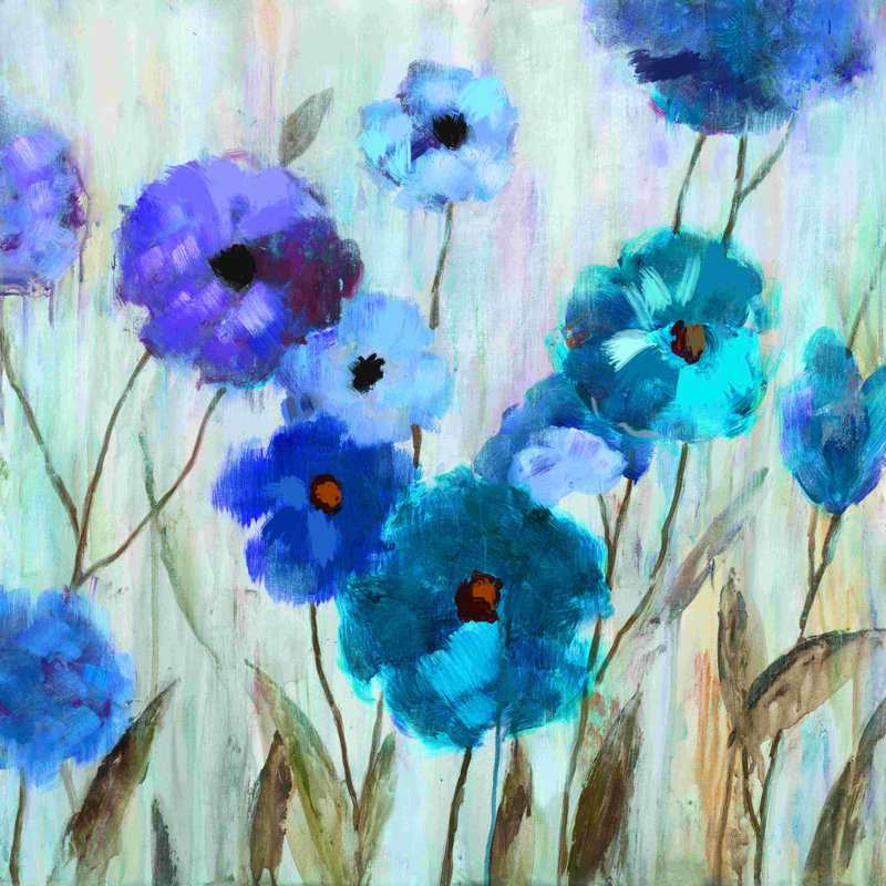 Fleurs peintes en bleu et mauve, H 20 po x l 20 po