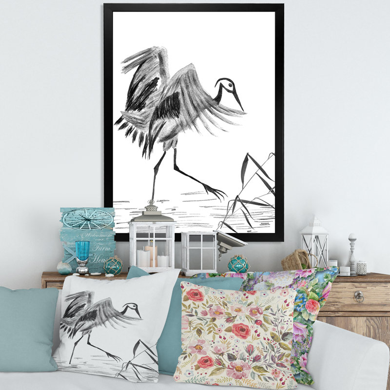Grue japonaise japonaise, peinture sur toile encadrée, H 20 po x l 12 po x P 1po, Cadre noir