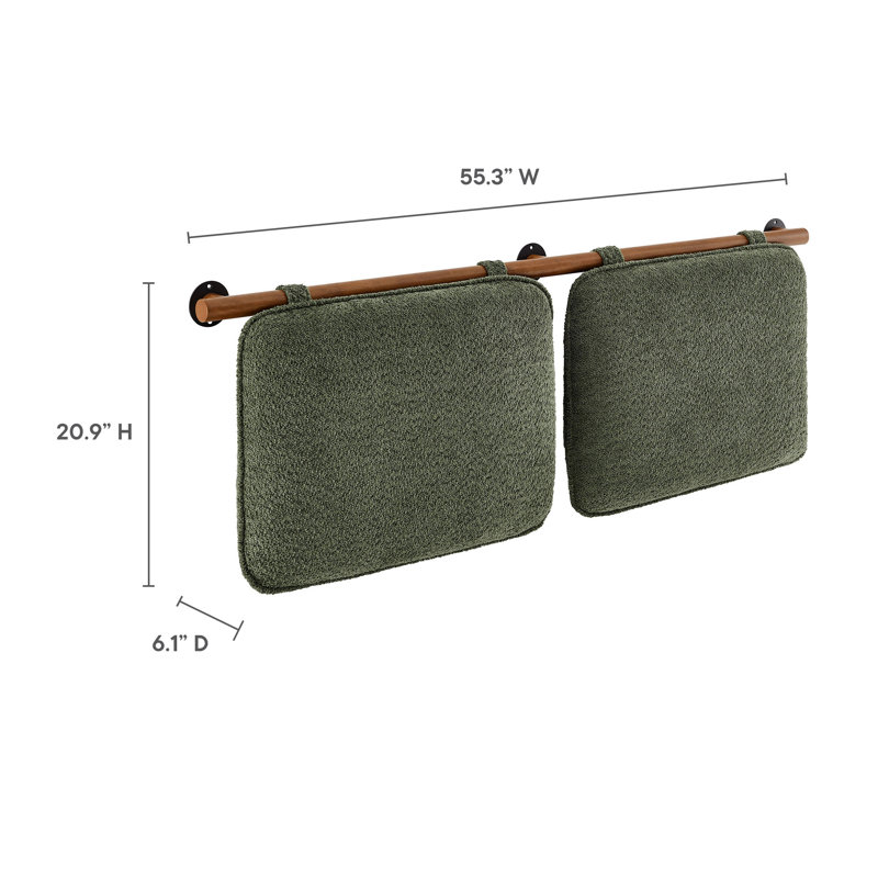 Sage Green Chenille Upholstered Floating Full Headboard with Walnut Bar