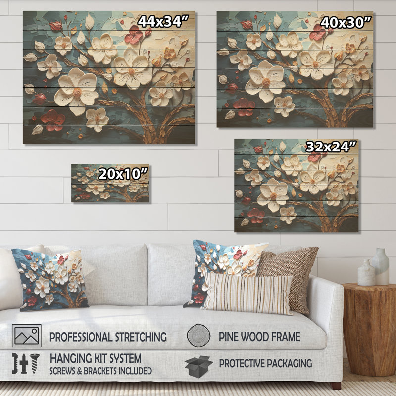 Arbre dynamique à pétales blancs et roses IV - Floral abstrait sur bois, H 30 po x l 40 po