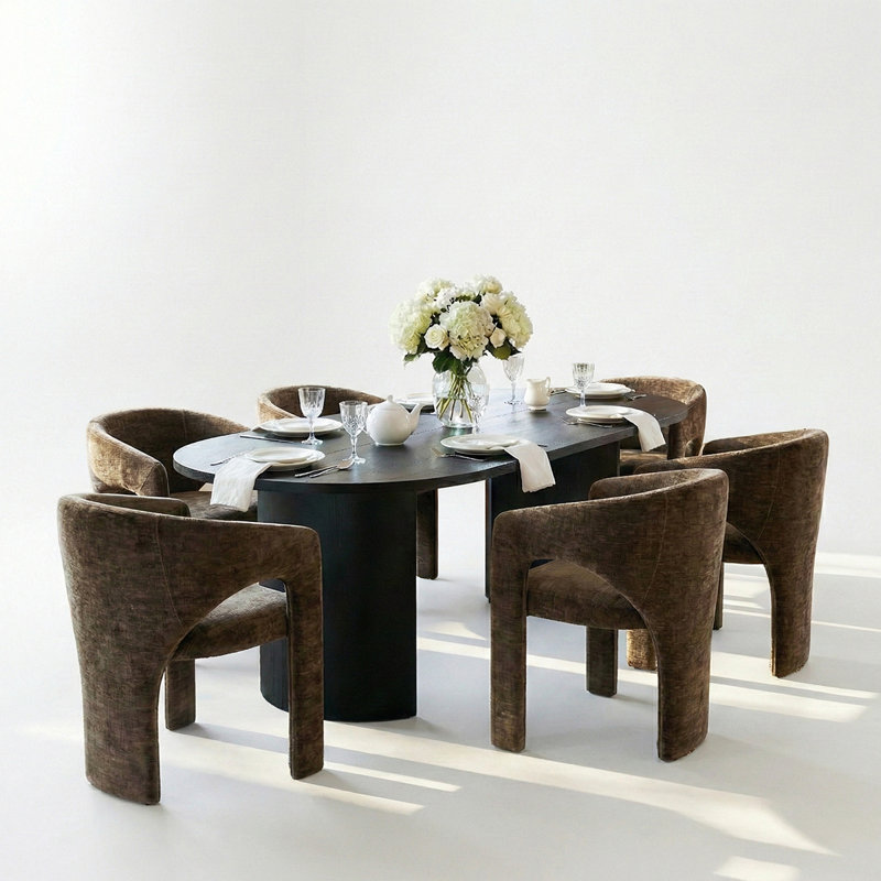 7 Piece Modern Dining Set With 79" Black Oval Pedestal Table & 6 Sculptural Wide-Seat Arm Chairs, Brown