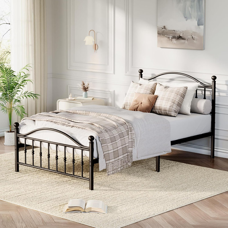 Vintage Circular Headboard Metal Bed Frame, Heavy-Duty Iron Platform Bed with Footboard, No Box Spring Needed, Noise-Free