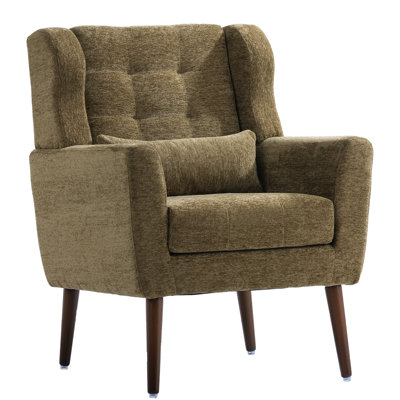 Fauteuil en chenille pour chambre à coucher et salon, chaise d'appoint moderne en olive, rembourrage doux et confortable avec pieds en bois massif, chaise rembourrée