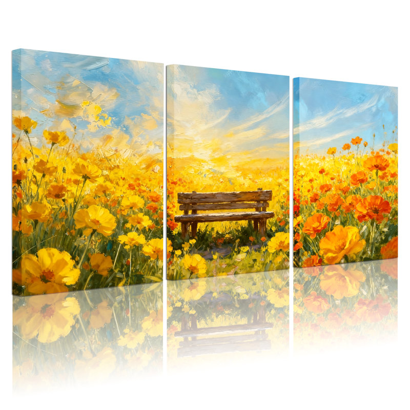 Assortiment de bouquets de coucher de soleil, champ de fleurs, reflet du ciel, ensemble de 3 reproductions d'art sur toile