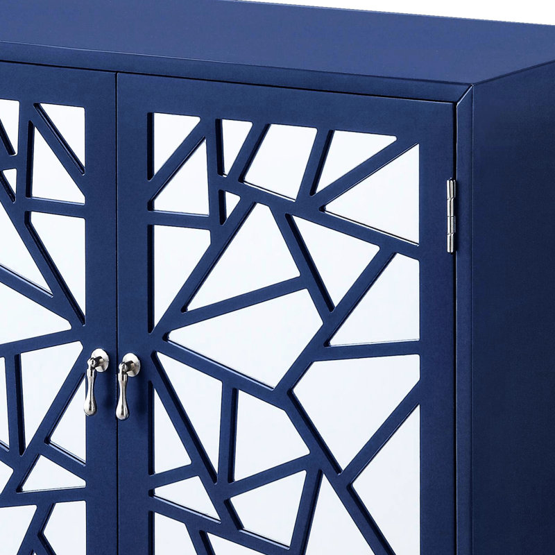 Console bleue à 2 portes - Portes à motif géométrique en miroir pour un grand espace de rangement en bois et en verre