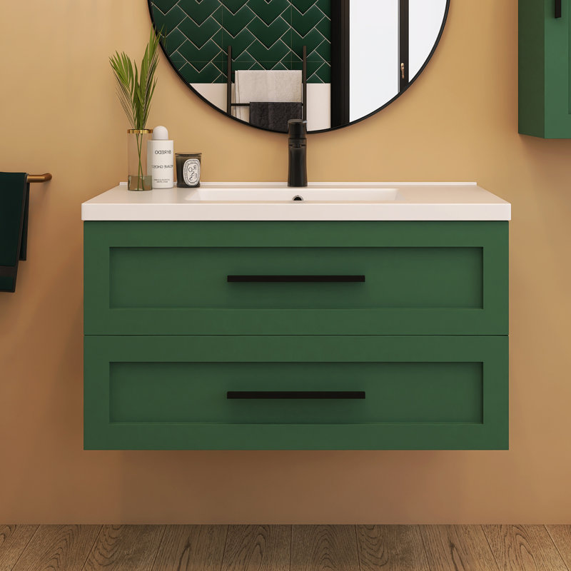 36 In. Wall Mount Single Bathroom Vanity Set With White Ceramic Basin And Two Drawer