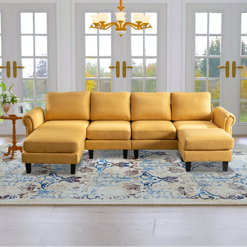 Canapé modulaire avec repose-pieds et méridienne 108,66 po Charlotte, 100 % polyester jaune
