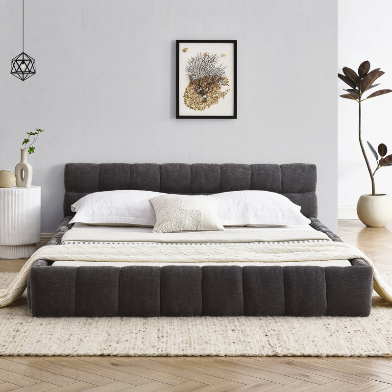 Structure de lit tapissier grand format avec tissu d'ameublement épais, structure de lit plateforme grand format en chenille avec tête de lit et structure solide. Sans sommier tapissier, gris foncé