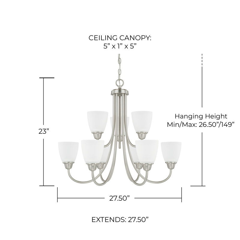 Lustre classique 9 lumières ombrées Reanne, Nickel brossé