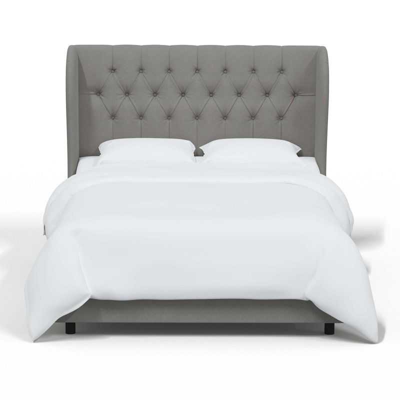 Lit tapissier capitonné standard à profil bas Tomey, Très grand, Lin classique gris