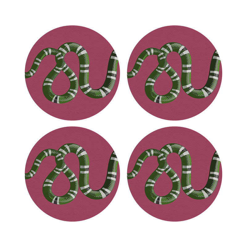 Serpent Blue Vegan Leather Round Coasters, Raspberry
